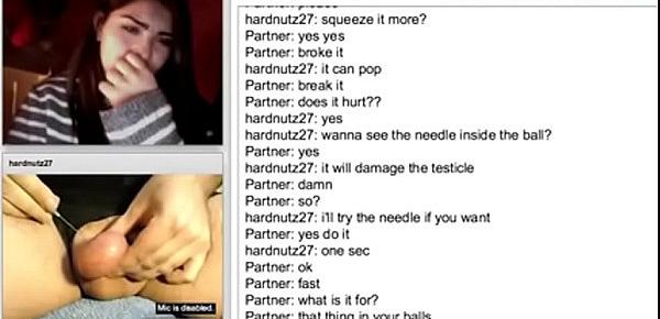  testicle squeezing and needle pushed inside ball on webcam